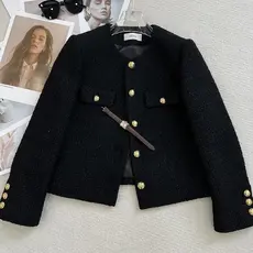 2024 Outono Inverno Novo Casaco Curto de Gola Redonda de Alta Qualidade para Mulheres Pequenas em Tweed Francês Exquisit