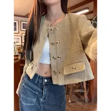 Casaco Curto Estilo Francês na Cor Damasco, Gola Redonda, Tamanho Pequeno, Moda Versátil, Estilo Coreano, Nicho Casual, 