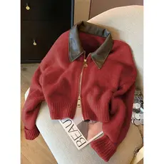 Outono inverno novo estilo macio ceroso chique Retro topo feminino Design costura polo gola de couro duplo zíper camisol