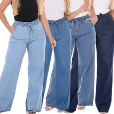 Calça Jeans Feminina Wide Leg Cintura Alta Pantalona Tecido Leve 100% Algodão