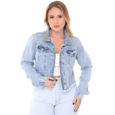Jaqueta Jeans Feminina Curta Com Pérola