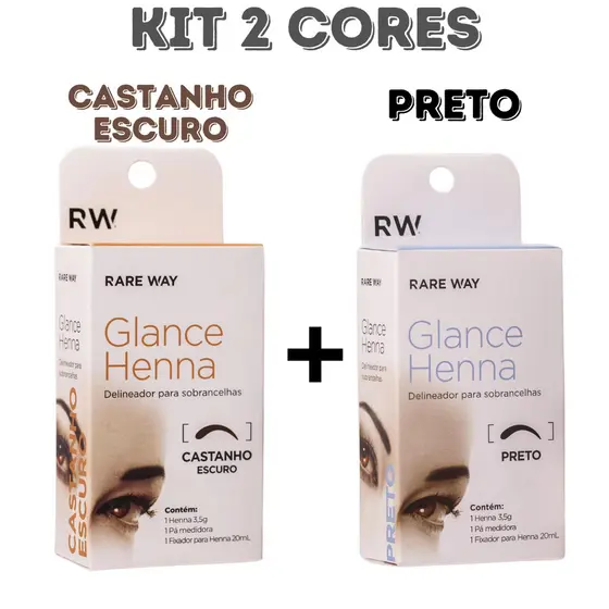 Kit 2 Cores Henna Sobrancelha Glance - Castanho Escuro + Preto - Rare Way - Pigmentação Poderosa