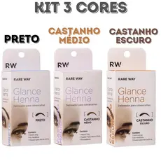 Kit 3 Cores Henna Sobrancelha Glance - Rare Way - Preto - Castanho Escuro e Castanho Médio
