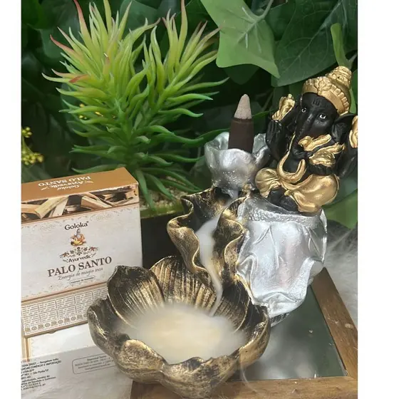 Kit Incensário Efeito Cascata de Fumaça Ganesha Flor de Lotus + 10 Cones para efeito cascata