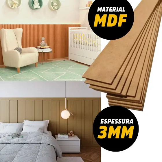 Kit 10 Ripas 5x100cm para Boiserie Ripado de Parede Painel Decorativo MDF Cru 3mm