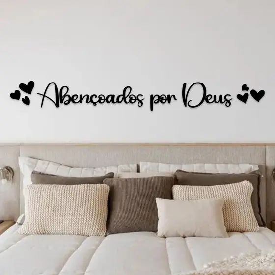 Quadro Abençoados por Deus Decorativo Frase em Mdf + 6 Mini Corações C/Dupla Face