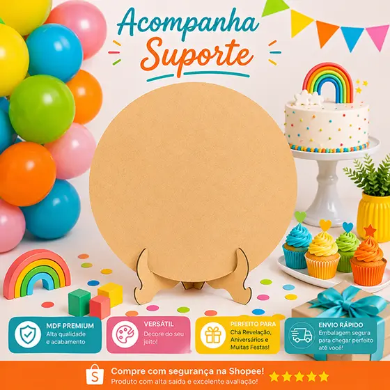 Painel Redondo MDF 50cm com Suporte Incluso Decoração Festa Mesa do Bolo Aniversário Chá Revelação