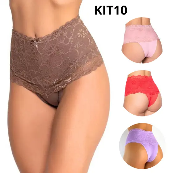 Kit com 10 Calcinhas Cinta Renda Cintura Alta Conforto e Modernidade