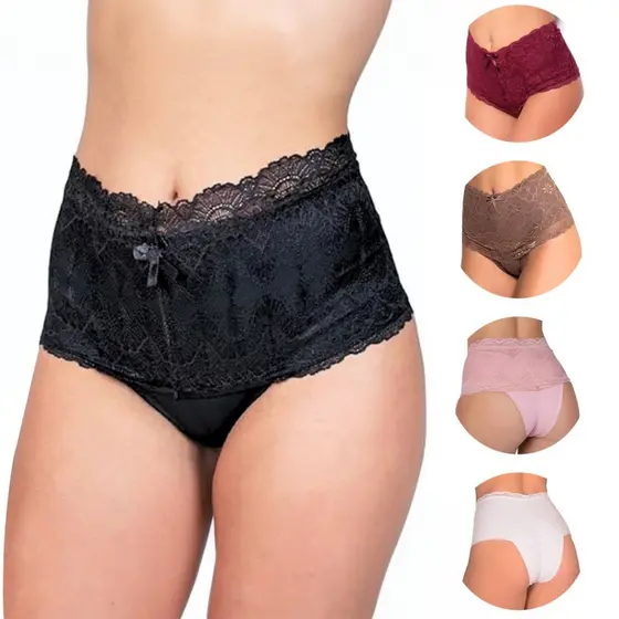 Kit de 5 Calcinha Cós Alto Modeladora de Algodão Calcinha Renda Seca Barriga