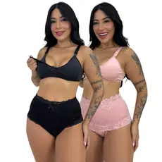Kit 2 Conjuntos Calcinha Pós Parto Cotton Sutiã Amamentação Microfibra Fecho Click Mamãe Bebê