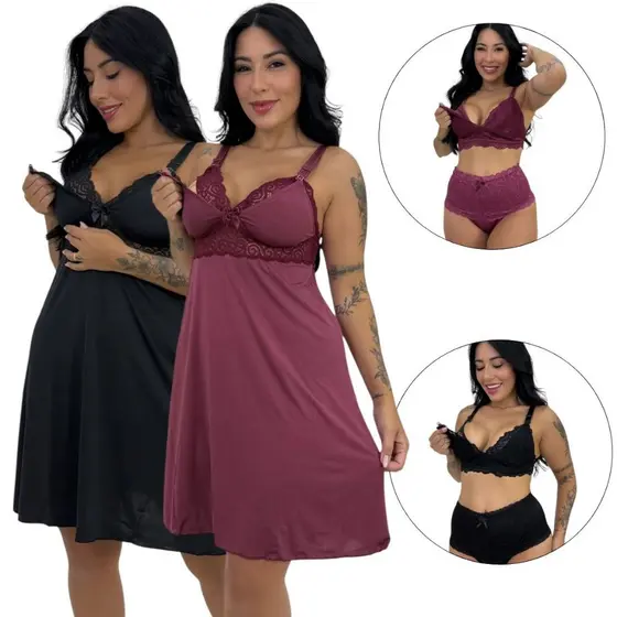 Kit Amamentação 2 Camisolas 2 Calcinhas 2 Sutiãs Alças Ajustávis Fecho Click Pós Parto Gestante