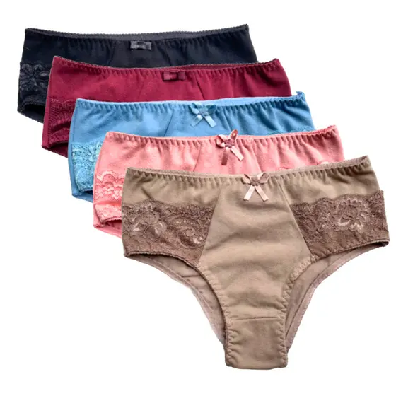 Kit de 5 Calcinhas Tanga de Senhora 100% de Algodão Calsinha de Senhora Detalhe em Renda Confortável