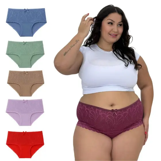 Kit 10 Calcinha Detalhe Renda Cotton Plus Size Modeladora Cintura Alta Moda Feminina Confortável