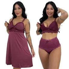 Kit Amamentação Pós Parto Camisola Calcinha Sutiã Renda sem Bojo Fecho Click Maternidade