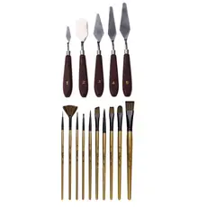 Kit 5 Espátulas + 10 Pincel Pintura Tela Quadro Artesanato