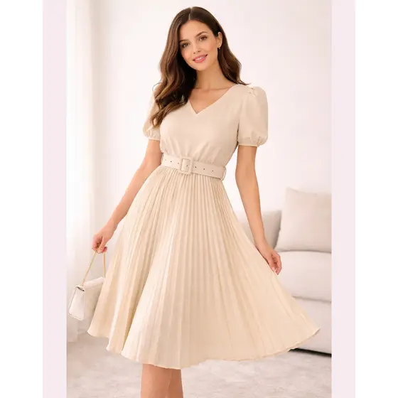 Vestido Plissado Lisa Midi Rodado Moda Evangelica Manga Bufante e Cinto De Brinde