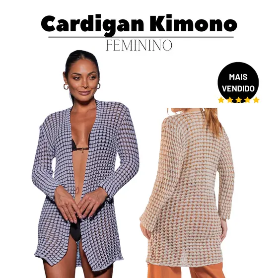 Cardigan Kimono Feminino Luxo Tricô Preto Branco e Marfim Tamanho Único