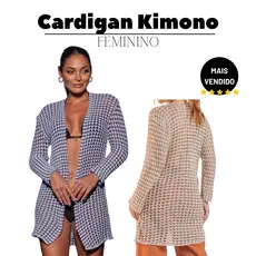 Cardigan Kimono Feminino Luxo Tricô Preto Branco e Marfim Tamanho Único