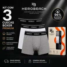 Kit 3 Cuecas Boxer Masculina HeroBeach Algodão Premium Elástico Bordado Confortável