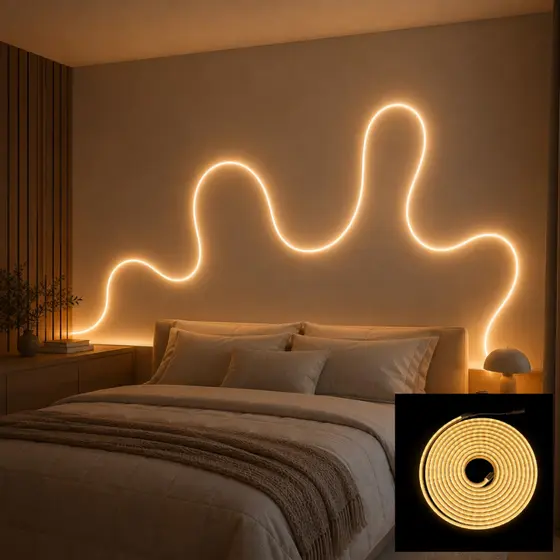 Mangueira Fita LED Neon 12V 5 Metros Branco Quente IP65 Flexível com ou sem Fonte para Decoração Interna e Externa