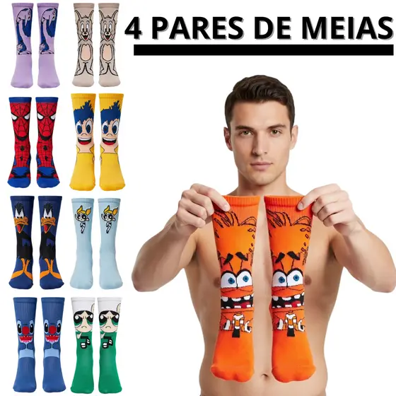 Kit 4 Pares Meias Divertidas Personagens Cano Alto Unissex Confortáveis Estampadas.