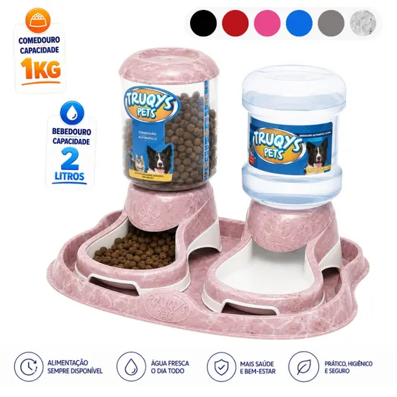 Kit Comedouro e Bebedouro Automático Truqys 3 Peças com Bandeja para Cães e Gatos