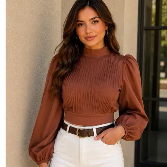 Blusa Romântica Manga Bufante Feminina Moda Tendência 2026 Plissada