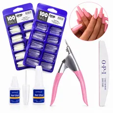 Kit Unha Postiça Bailarina Realista Leitosa ou Transparente + Cola com Pincel + Cortador de Tips