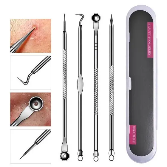 Kit Acne Espinha Removedor De Cravos Profissional 4 Pçs de Ponta Dupla com Pinça/Extrator/Agulha