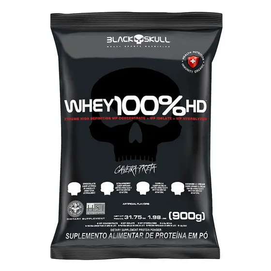 Whey Protein 100% HD 900g (Refil) - Isolado, Concentrado e Hidrolisdo - Caveira Preta Black Skull
