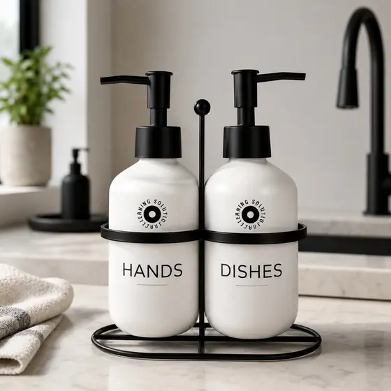 Kit Dispenser Sabonete 330ml Vidro Fosco Branco com Suporte Preto Sabonete Detergente 2 Dispensers