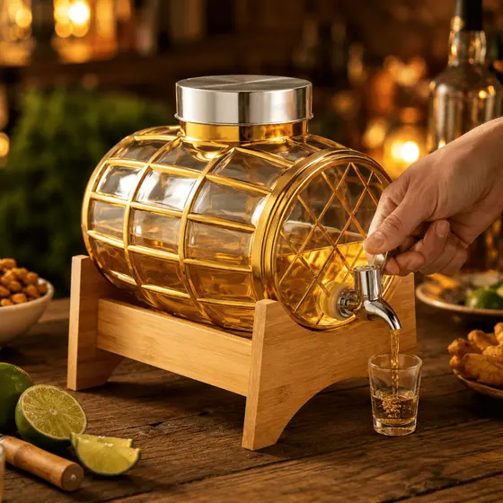 Suqueira Barril Vidro 3L Dispenser Bebidas Sucos Cachaça Drinks com Torneira Inox e Suporte Madeira