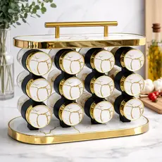 Porta Tempero com Suporte 12 Potes Branco e Dourado Cozinha Elegante Organizador de Condimentos