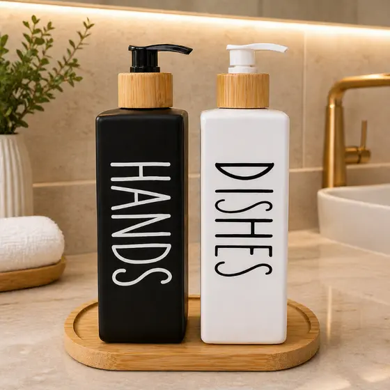 Kit Dispenser 570ml Sabonete Detergente Banheiro Vidro Preto e Branco com Bambu 2 Dispensers