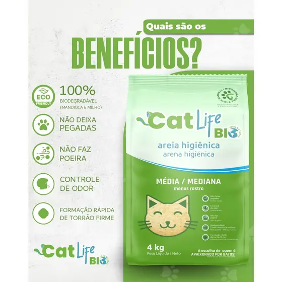 Areia Higiênica Biodegradável Cat Life Bio Media 4 Kg - Menos Rastro