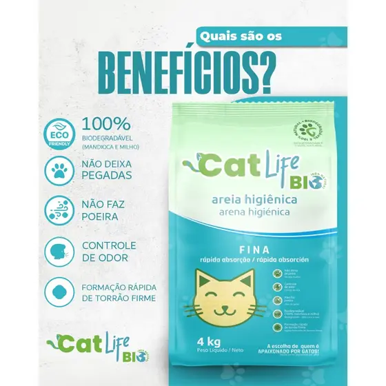 Areia Higiênica Biodegradável Cat Life Bio Fina 4 Kg - Absorção Rápida