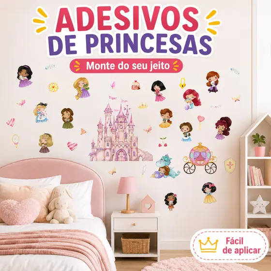 Adesivo de Parede Infantil Princesas Aquarela Decoração Quarto Menina Kit Decorativo