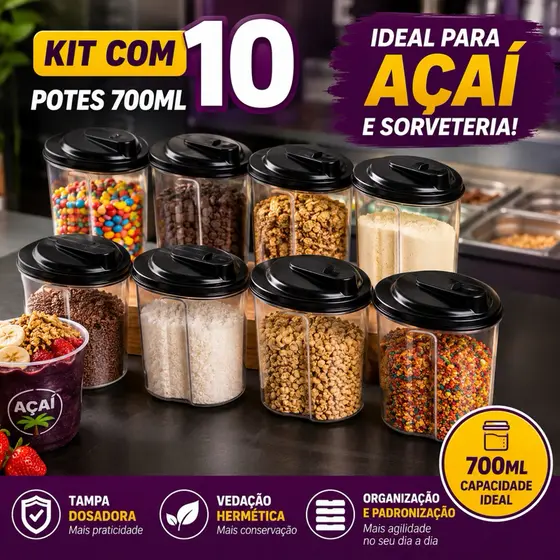 Kit 10 Farinheira Açucareiro 700ml Farinha Aveia Açai Granola Farofa Fubá Açucar Cores Sortidas 2192