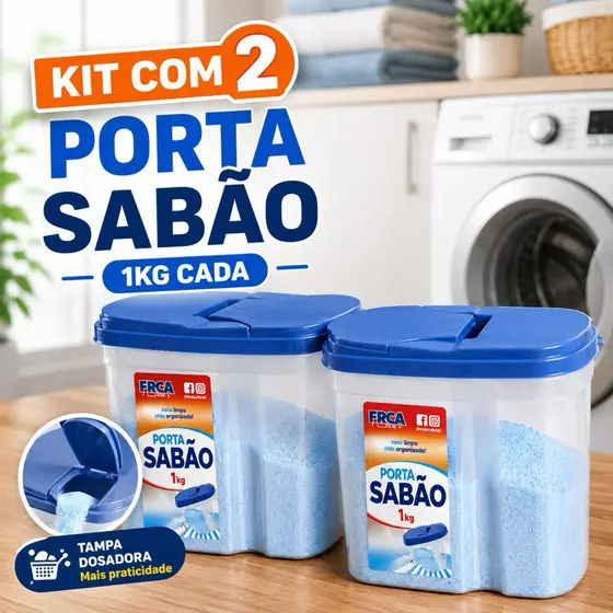 Kit 2 Porta Sabão 1kg Tampa Dosadora Vedação Segura Lavanderia