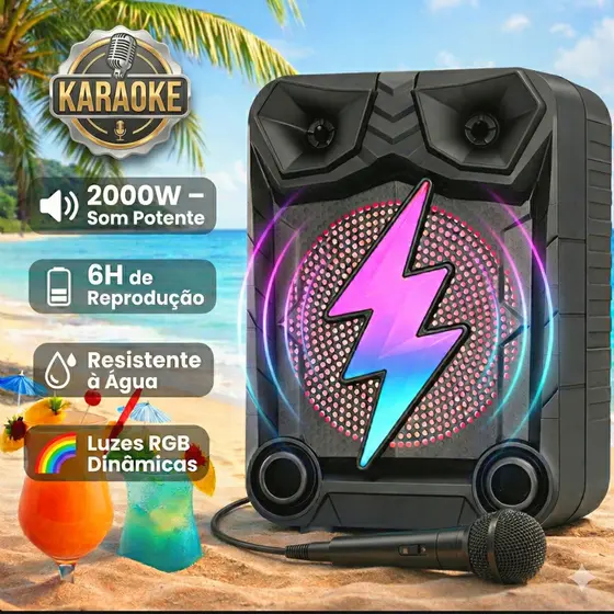 Caixa De Som 2000W Potente Bluetooth Microfone Karaokê Som Pesado Grave Forte LED RGB TWS Bateria