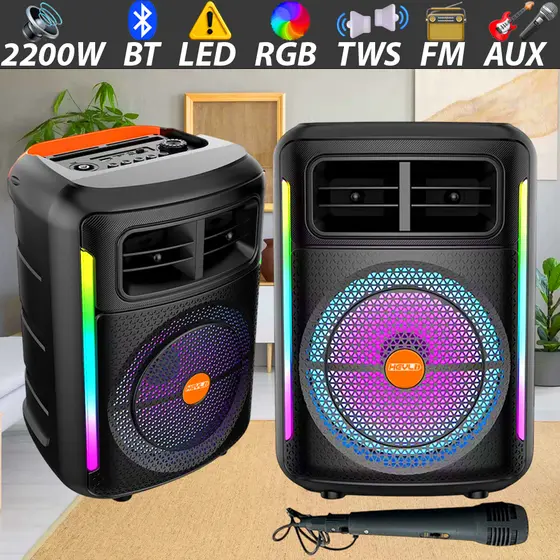 Caixa de Som Bluetooth Portátil c/Microfone Potente 2200w LED RGB IPX6 USB TWS FM para Festa
