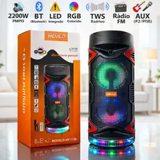 Caixa de Som Portátil 1800W  Karaokê Rádio FM Potente Bluetooth 2 Falantes 6.5" LED RGB