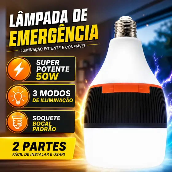 Lâmpada de Emergência LED 50W Bivolt – Dura 6h sem Energia, Portátil, Recarregável