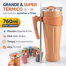 Copo Térmico 760ml Estiloso com Click Anti-Stress | Alça de Mão | Bebidas Quentes e Frias | Garrafa Trend Cores Variadas