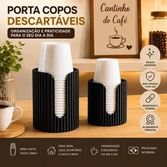Porta Copos Descartáveis 70ml e 200ml Organizador Cantinho do Café Dispenser Preto Branco