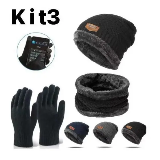 Kit Toca de Frio Touca Gorro + Luva de Frio Touch Screen + Cachecol Feminino Masculino Echarpe