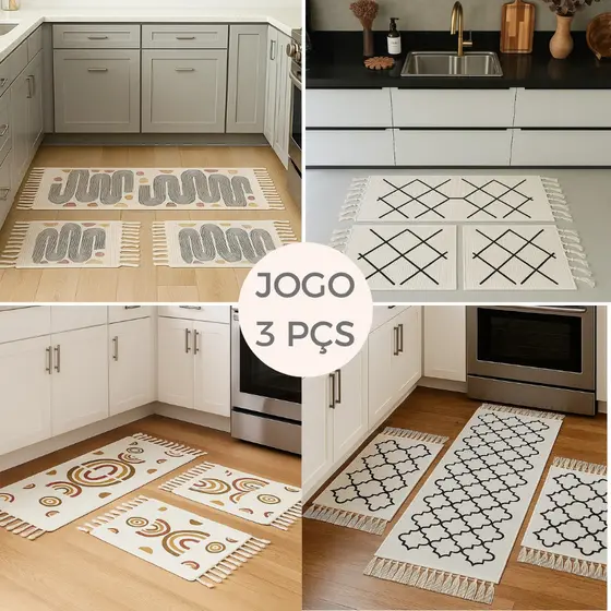 Kit 3 Tapetes Desenhos Cozinha Algodão Geométrico Moderno com Passadeira e Tapetes Laterais Top