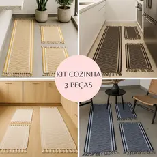 Kit 3 Tapetes Rubi Geométricos com Franjas Artesanais – Para Cozinha, Bancada, Pia e Área Gourmet Top