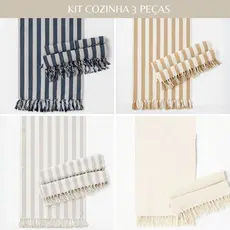 Kit Cozinha 3 Peças Tapetes Listrados Rústicos Decorativos 100% Algodão 160CMx40CM e 80CMx40CM Top