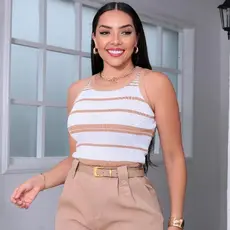 Blusa Regata Listrada Ribana Modal Elástica Confortável de Alça Manga Cavada e Decote Redondo